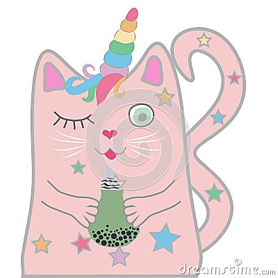 Funny pink cat unicorn closed his eyes and holds a drink in his paws. Concept of miracles and magic. Vector Illustration