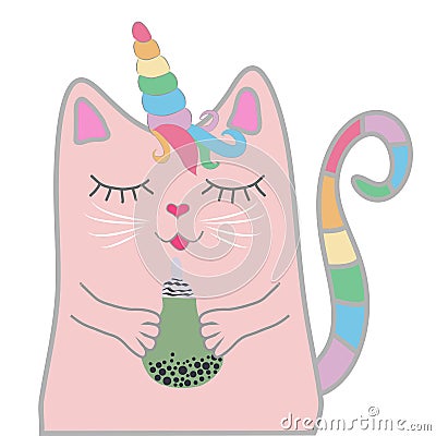 Funny pink cat unicorn closed his eyes and holds a drink in his paws. Concept of miracles and magic. Vector Illustration