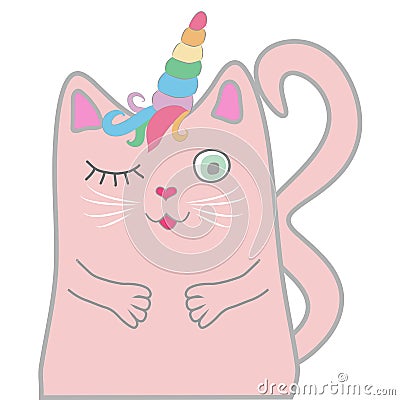 Funny pink cat unicorn closed his eyes and holds a heart in his paws. Concept of miracles and magic Stock Photo