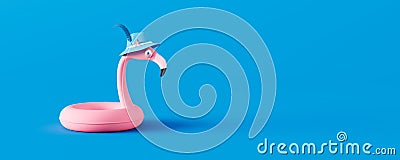 Funny pink flamingo with hat on blue background. Summer vacation minimal concept 3D Render Cartoon Illustration