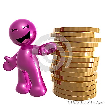 Funny pink icon with gold coins Cartoon Illustration