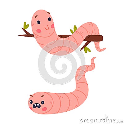 Funny Pink Worm Character with Long Tube Body Hanging on Tree Branch and with Angry Face Vector Set Vector Illustration