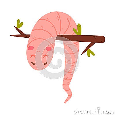 Funny Pink Worm Character with Long Tube Body Hanging on Tree Branch Vector Illustration Vector Illustration