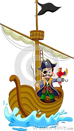 Funny pirate cartoon above ship Stock Photo