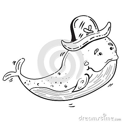 Cartoon Pirate Blue Whale in a Tricorne Hat, Hand Drawn Cute Animal Jolly Roger, Vector Cartoon illustration Vector Illustration