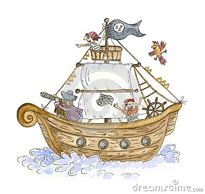 Funny pirates, hand drawn watercolor illustration Cartoon Illustration