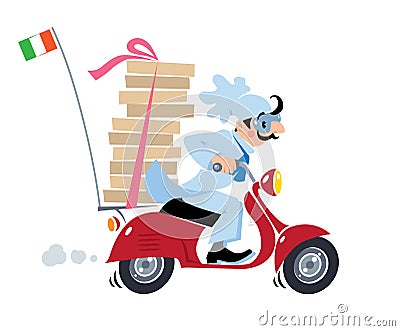 Funny pizza chef on scooter. Pizza delivery Vector Illustration