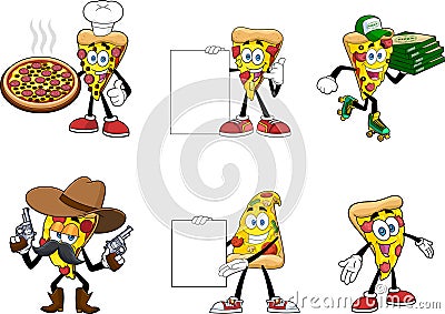 Funny Pizza Slice Cartoon Characters. Vector Hand Drawn Collection Set Vector Illustration