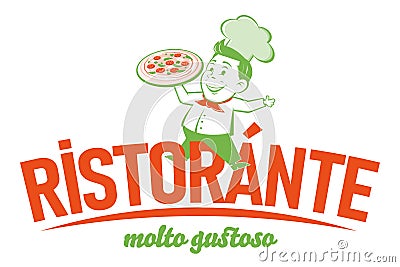 Funny pizzeria retro logo with italian text which means restaurant very delicious Vector Illustration