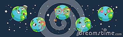 Funny Planet Character Showing Different Emotion Vector Set Stock Photo