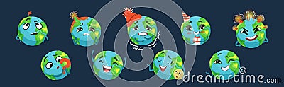 Funny Planet Character Showing Different Emotion Vector Set Stock Photo