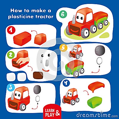 Funny Plasticine Tractor with Trailer Step Instruction for Kid Vector Illustration