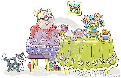 Funny plump housewife drinking tea in her kitchen Vector Illustration