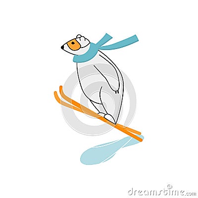 Polar bear ski jumping training. Funny cartoon winter sport mascot Vector Illustration