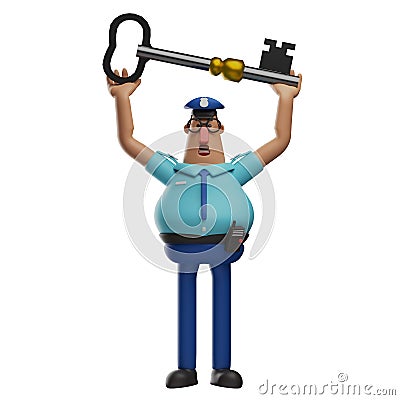 Funny Police Officer Cartoon 3D Illustration rising a key Stock Photo