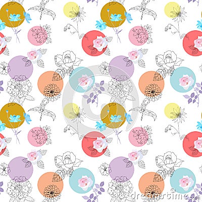 Funny polka dot and gardening flowers on white background. Beautiful seamless pattern. Vector Illustration