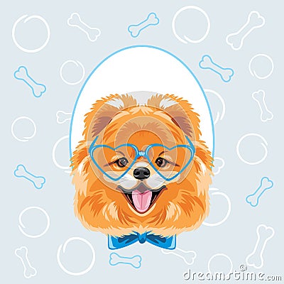 Funny Pomeranian dog in a decorative frame. Scrapbook sample for boy Vector Illustration