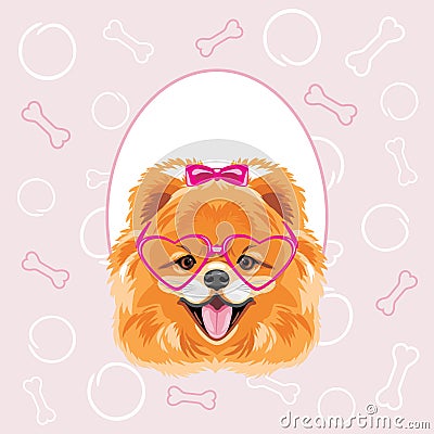 Funny Pomeranian dog in a decorative frame. Scrapbook sample for girl Vector Illustration