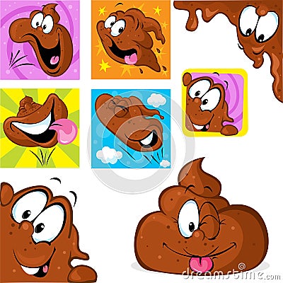 Funny poo character in many position - jumping, peeking out Vector Illustration