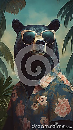 Funny portrait of black bear with sunglasses Stock Photo