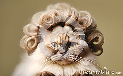 Funny portrait of a cat with a stylish vintage retro wavy curly hairstyle Stock Photo