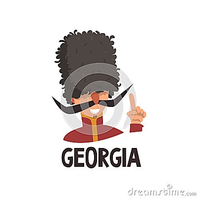 Funny portrait of Caucasian man in papakha. Cartoon cheerful Georgian male with mustache in traditional headdress. Flat Vector Illustration