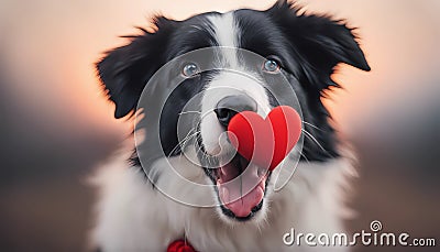 Funny portrait cute puppy tiger holding red heart in mouth isolated on white background, close up Stock Photo