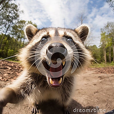 funny portrait of an racoon into the wild, 360 degrees panoramic camera, AI generative Stock Photo