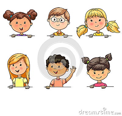 Funny portraits children different nationalities hold banner Vector Illustration