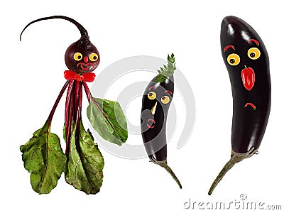 Funny portraits made of beet and eggplants Stock Photo