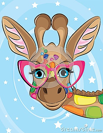 Funny poster. Portrait of a Giraffe in a love glasses. Vector illustration Vector Illustration