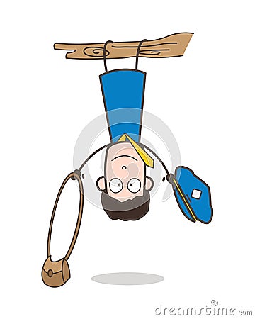 Funny Postman Character Hanging Upside Down on Branch Stock Photo