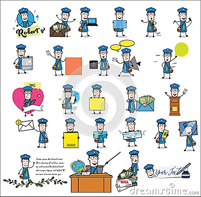 Funny Postman Character - Set of Concepts Vector illustrations Vector Illustration