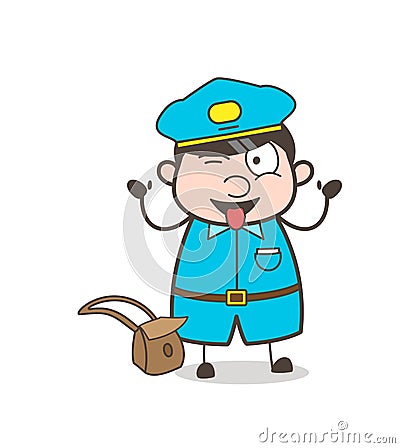 Funny Postman Character Teasing with Stuck-Out Tongue Stock Photo