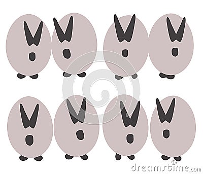 Funny pot-bellied gray rabbits with black ears , muzzles and paws of light gray eggs isolated on white background Vector Illustration