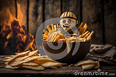 funny potato character man in a plate of french fries illustration Generative AI Cartoon Illustration