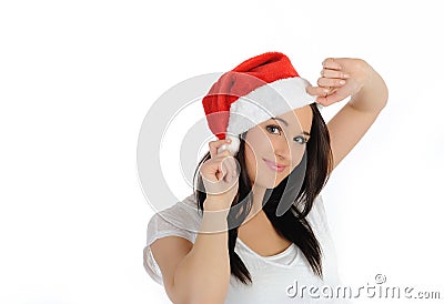 Funny pretty casual woman in christmas hat Stock Photo