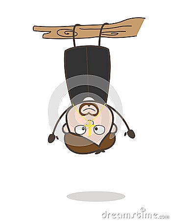 Funny Priest Hanging Upside Down on Branch Stock Photo