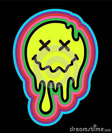 Funny psychedelic surreal techno acid LSD melt smile face logo. Dripping smile. Good mood. Positive emoji. Molten Vector Illustration