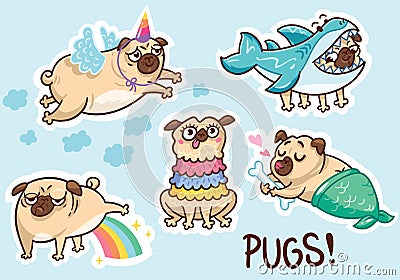 Funny pug dog sticker set. Vector illustration Vector Illustration