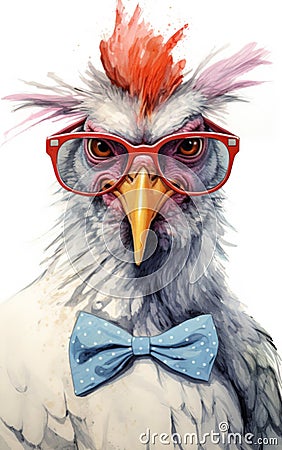 Funny punk chicken with glasses. Cool bird. Animal illustration Cartoon Illustration