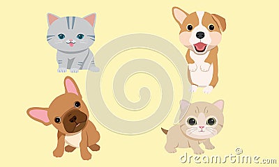 Funny puppies and kittens cute Vector Illustration