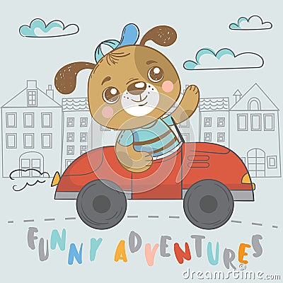 Funny puppy on car Cartoon Illustration
