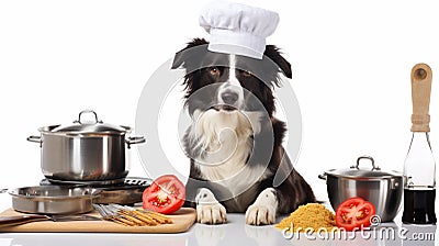 Funny puppy dog border collie in chef cooking hat isolated on white background. ai generative Stock Photo