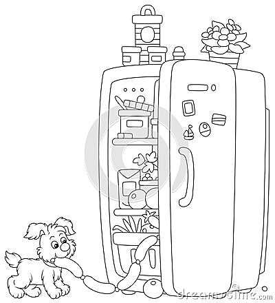 Little pup filching sausages from a fridge Vector Illustration