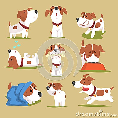 Funny puppy daily routine set, cute little dog in his evereday activity colorful character Vector Illustration