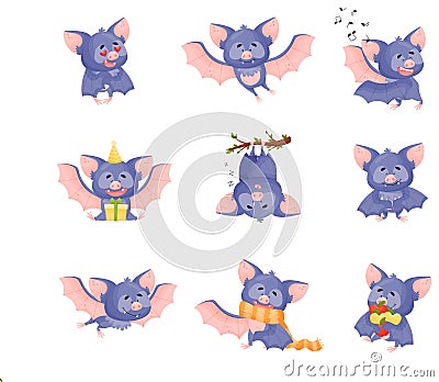 Funny Purple Bat Character in Different Poses Vector Set Vector Illustration