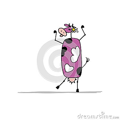 Funny purple cow dancing, sketch for your design Vector Illustration