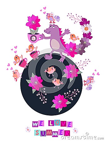 Funny purple crocodile with tail adorned with flowers and leaves is holding flowerpot in shape of teacup with beautiful flower Vector Illustration