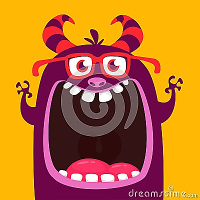 Funny purple horned cartoon monster wearing eyeglasses. Funny monster with mouth opened wide. Halloween vector illustration. Vector Illustration